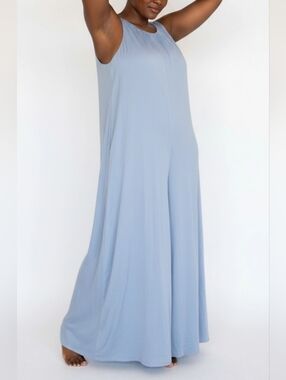 Lush Women Maxi Romper Sz S Lilac-Blue Satin Soft Lined Zip & Tie  Back Wide Leg